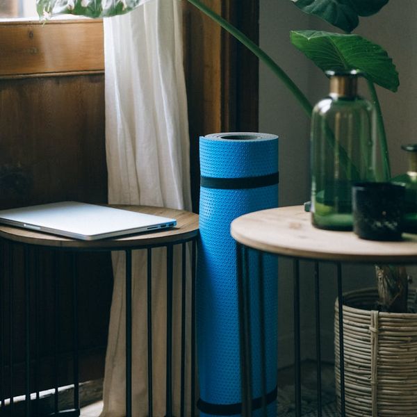 Neatly rolled yoga mat next to a plant.